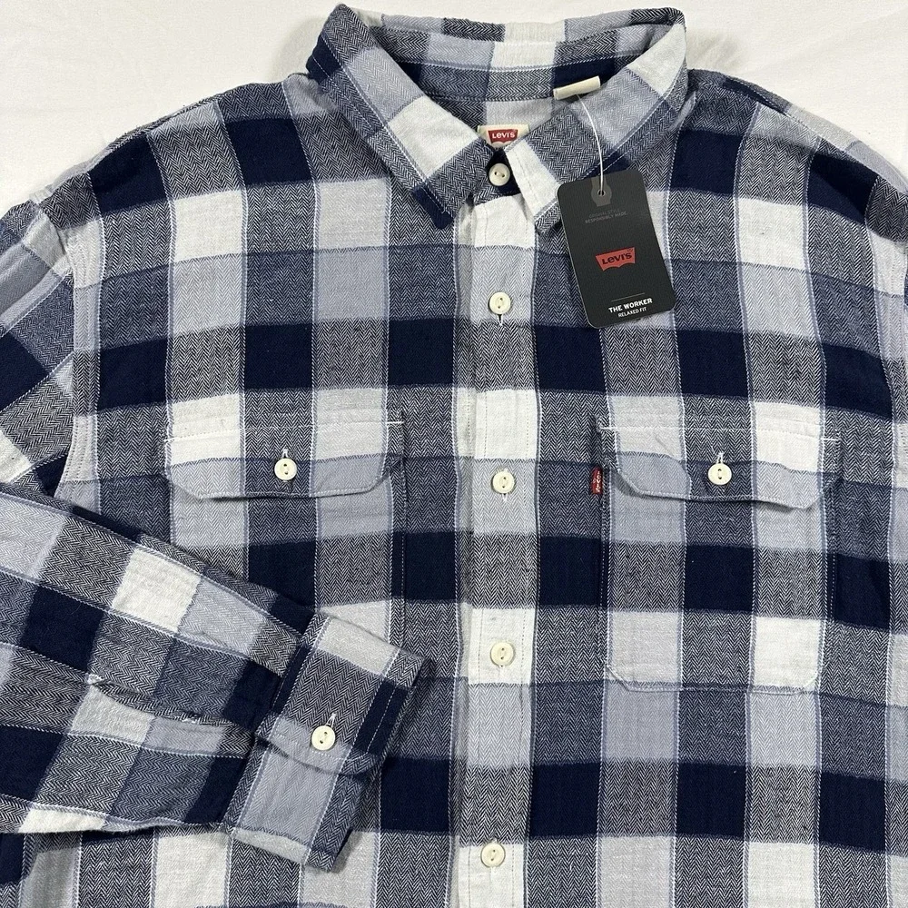 LEVI'S THE WORKER RELAXED FIT MENS‎ XXL Blue White Plaid FLANNEL LONG SLEEVE NWT